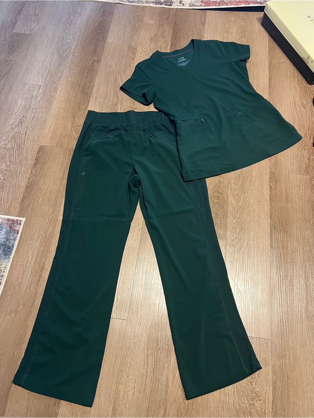 White Cross Dark Green Boot Cut Scrub Set L bottom/M Top